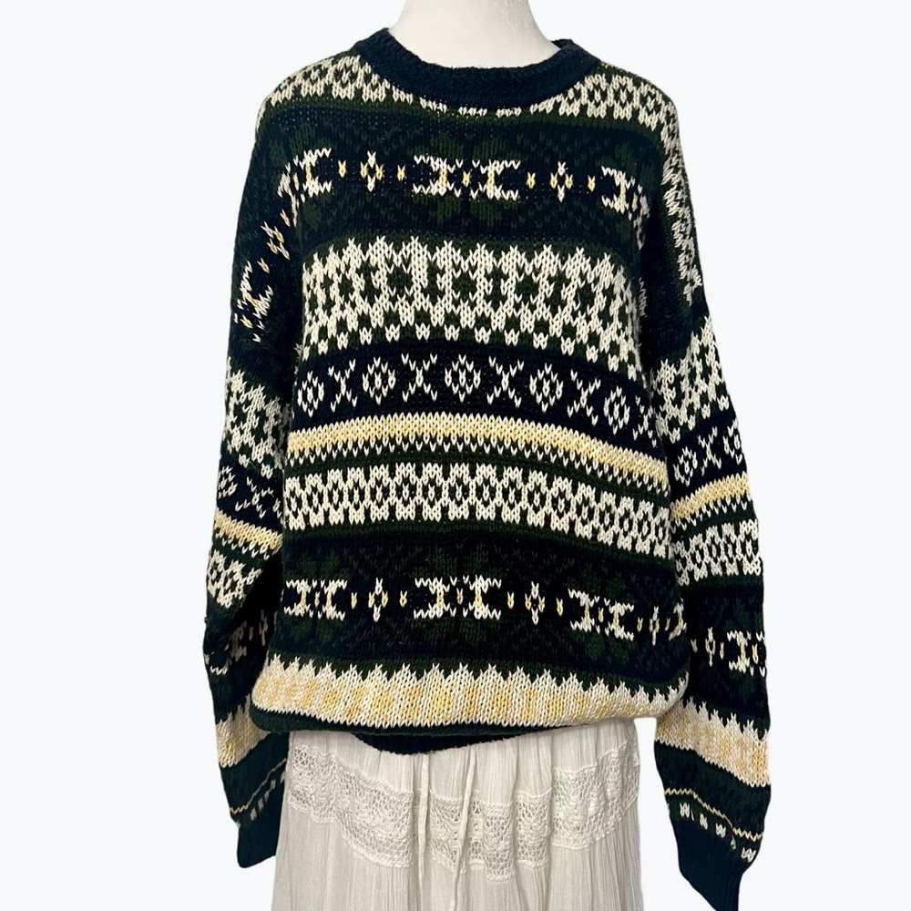 Vintage Ivy Crew Sweater Navy Green Cream Large - Picture 3 of 5